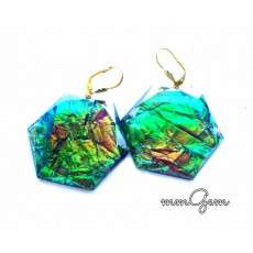 Dichroic Earrings, Big Earrings, Resin Earrings, Emerald, Blue Green Gold, Big Geometric, Hexagon Earrings, 